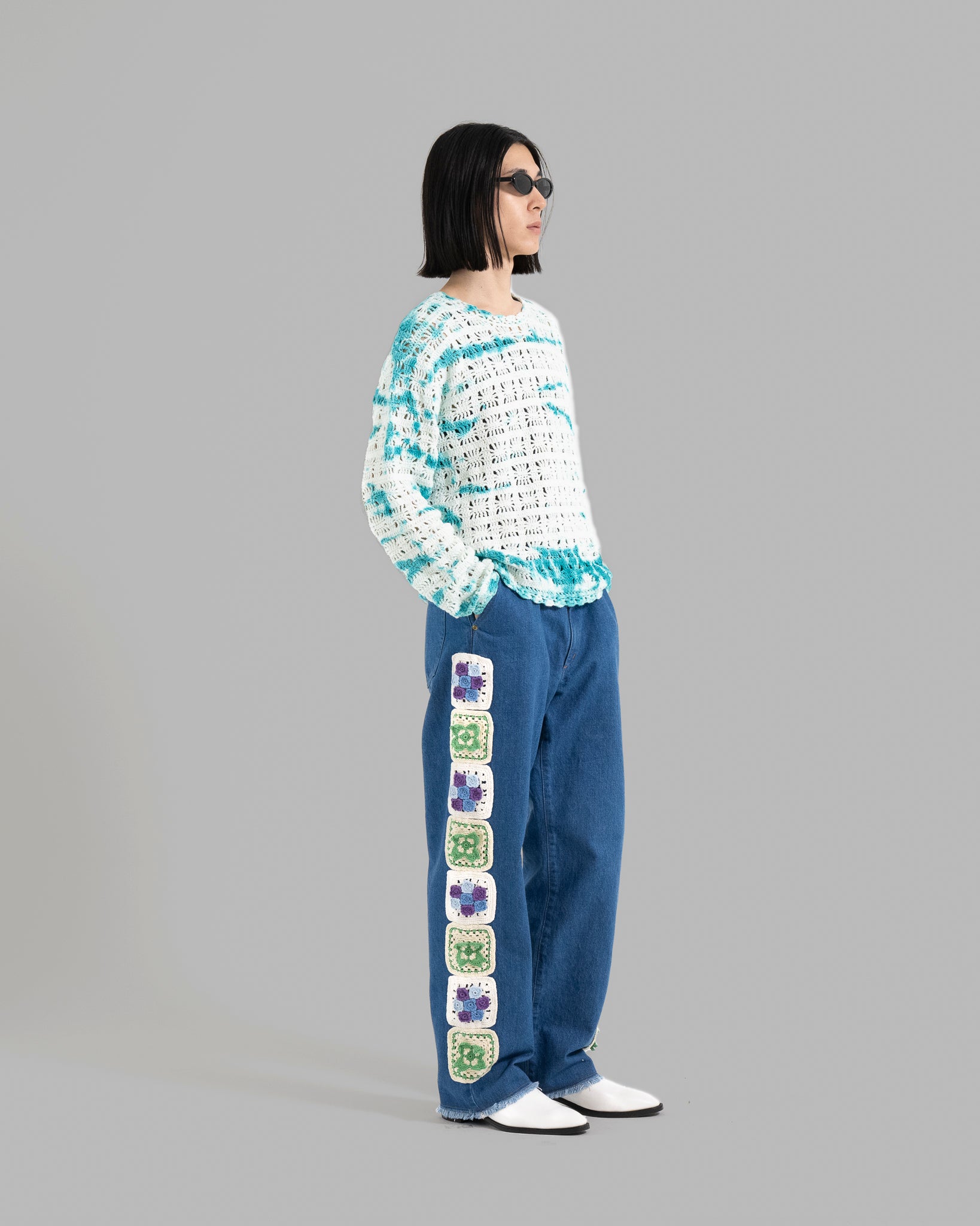 Side Crochet Flower Motif Wide Jeans - Indigo