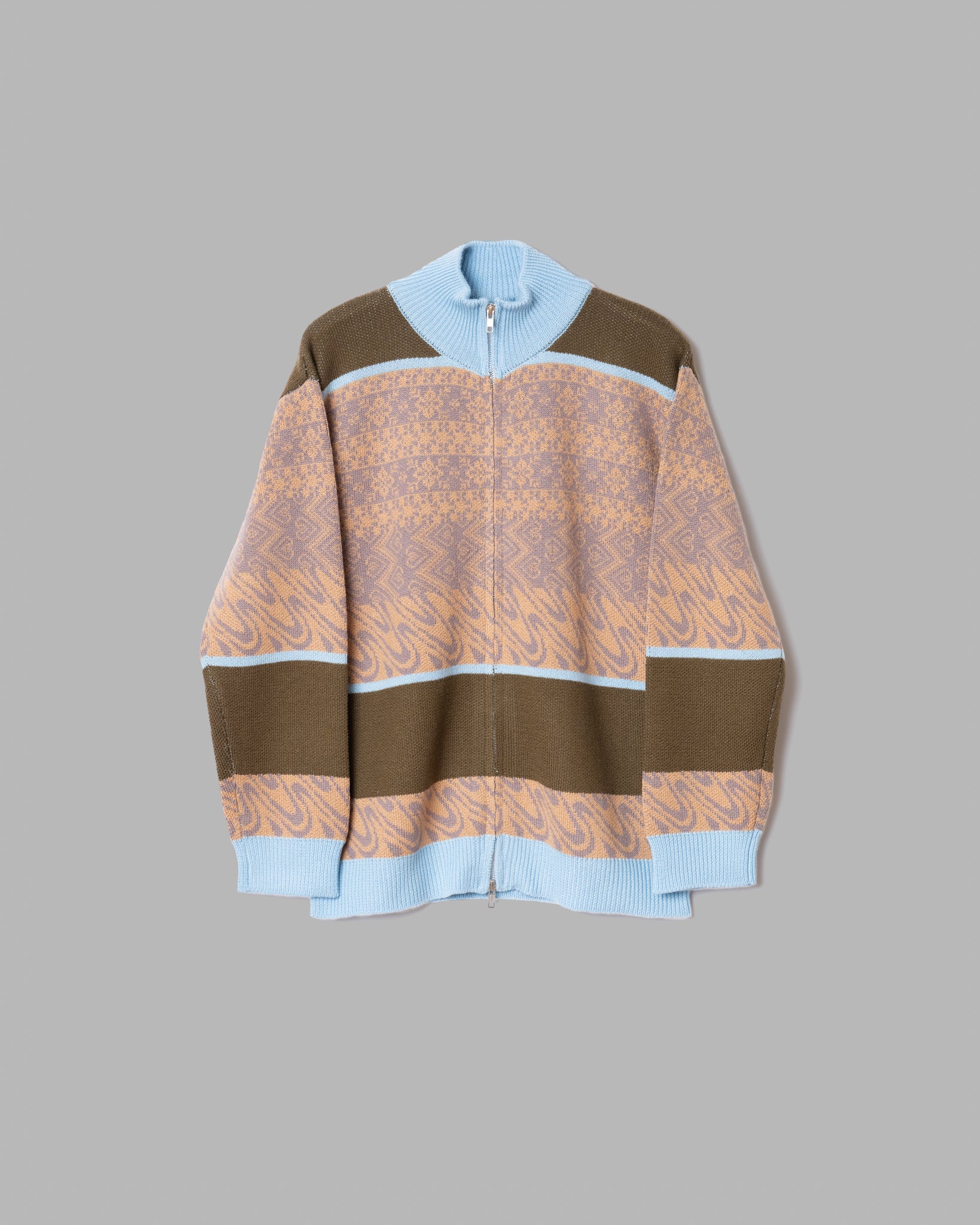 MERINO WOOL FAIRISLE JAQUARD DRIVERS KNIT - BROWN KHAKI/LIGHT BLUE MIX