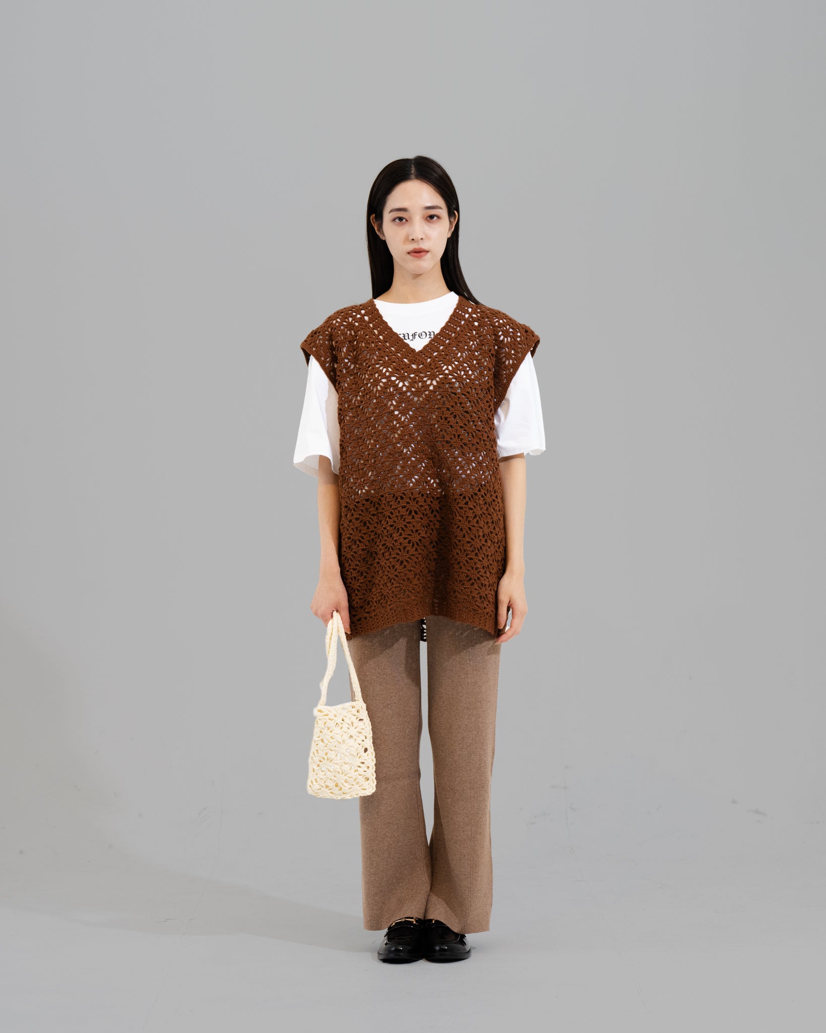 CROCHET HAND KNIT VEST - BROWN