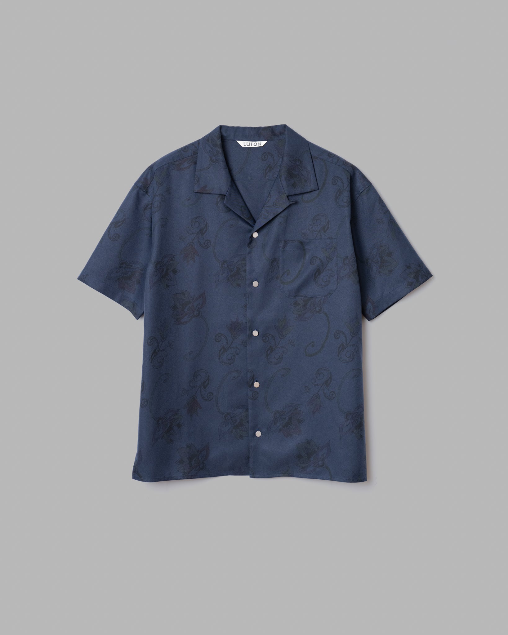 [Reservation sale] Hand -Painted Botanical Print Open Collar Shirts --navy