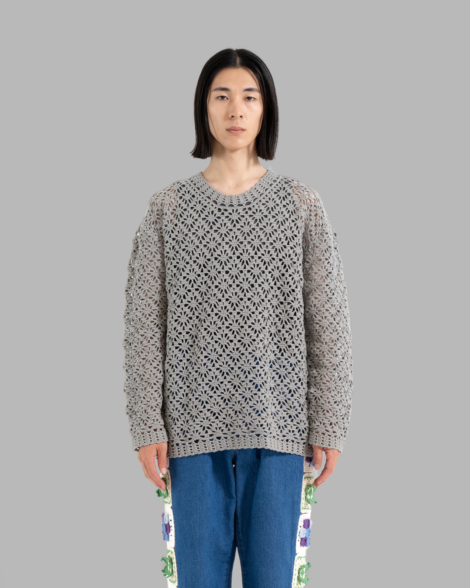 Crochet Hand Knit Pullover Sweater --Grey