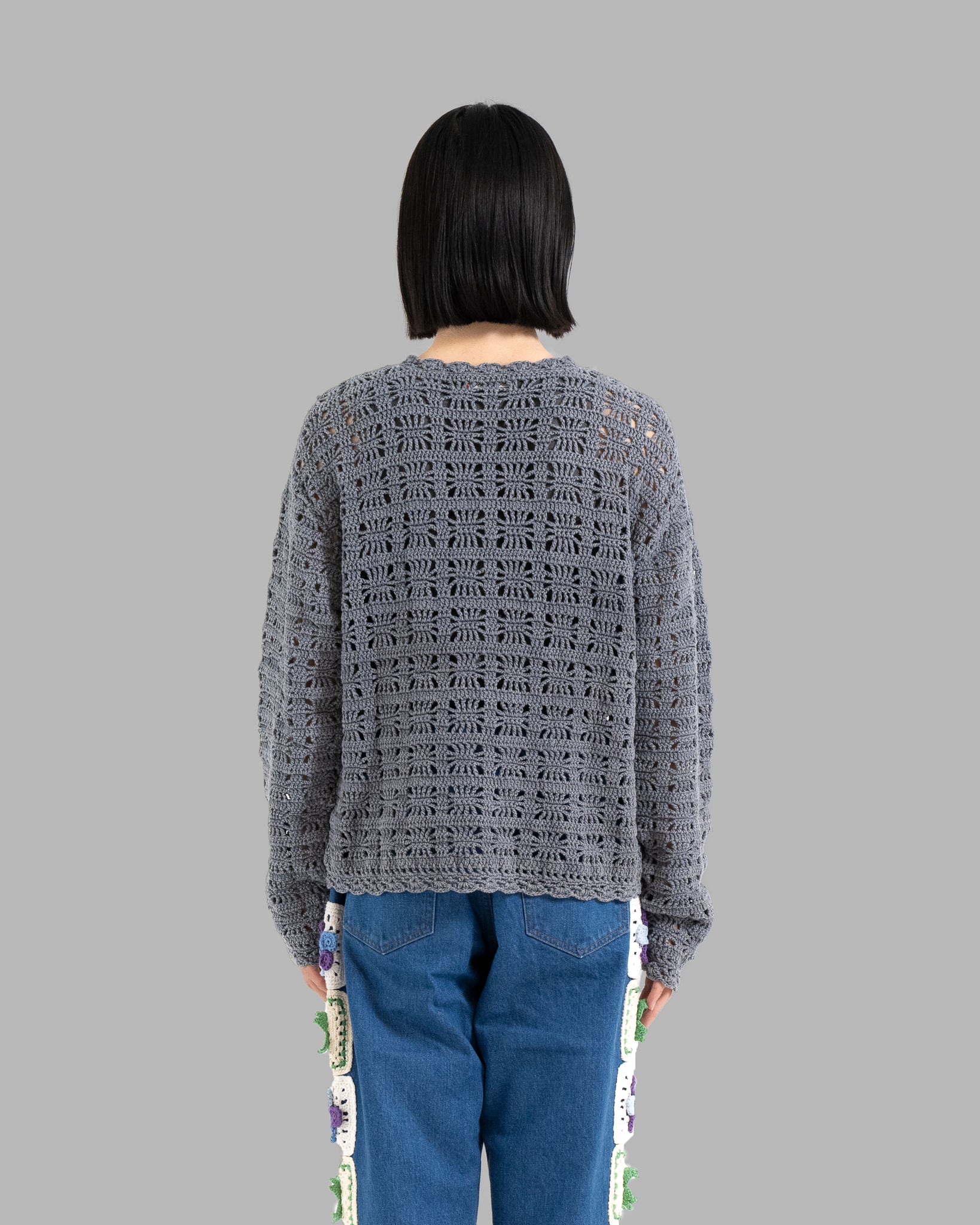 CROCHET HAND KNIT PULLOVER - CHARCOAL STONE WASH