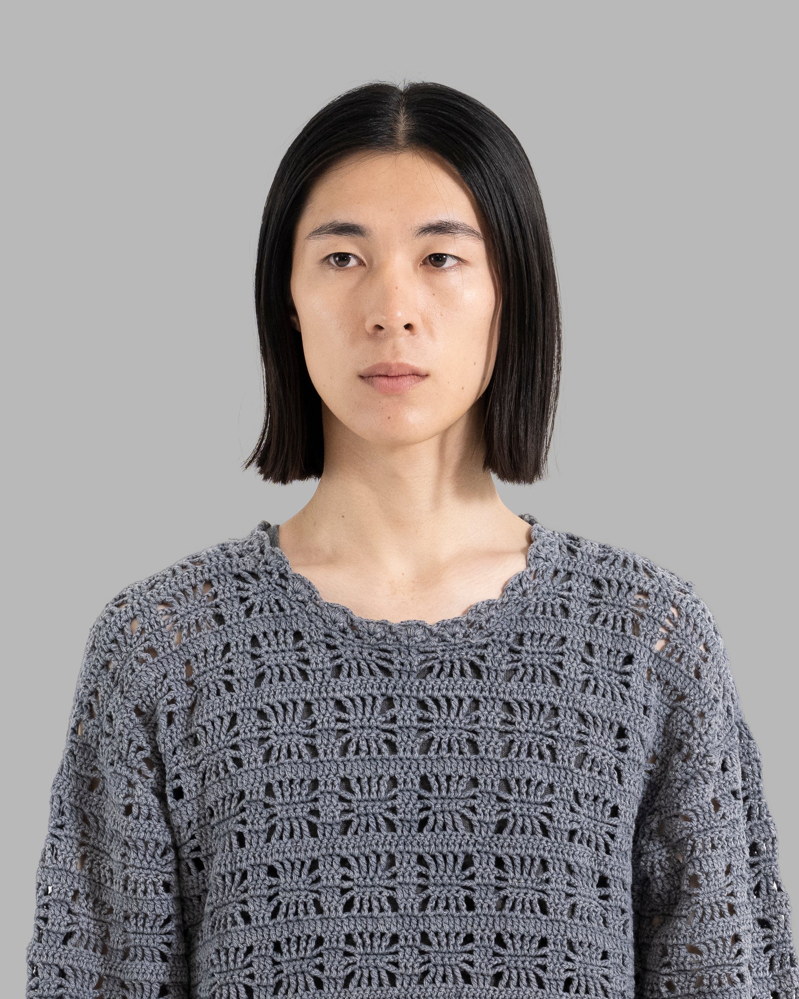 CROCHET HAND KNIT PULLOVER - CHARCOAL STONE WASH