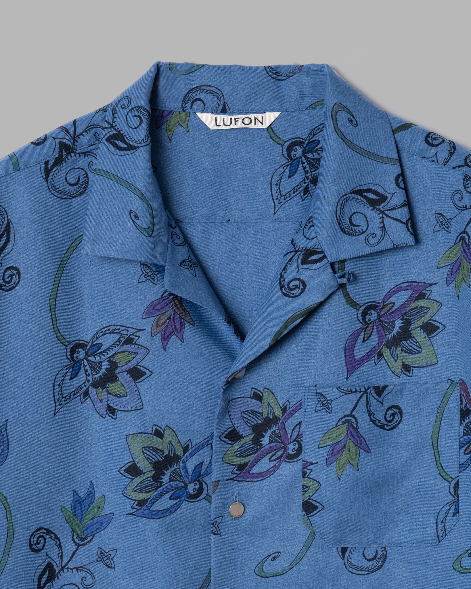 HAND-PAINTED BOTANICAL PRINT OPEN COLLAR SHIRTS - BLUE