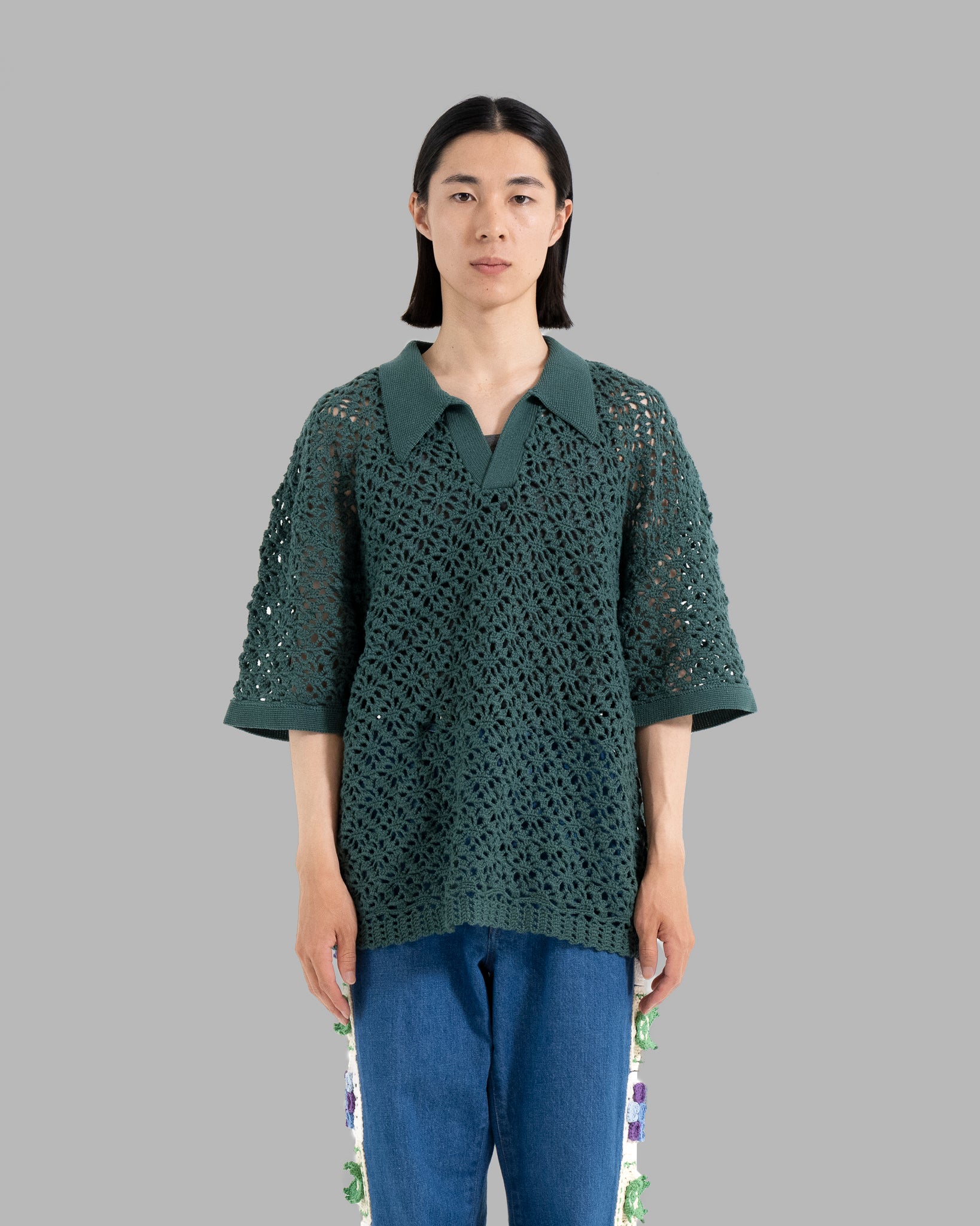 CROCHET HAND KNIT SKIPPER POLO (LOOSE FIT) -  GREEN