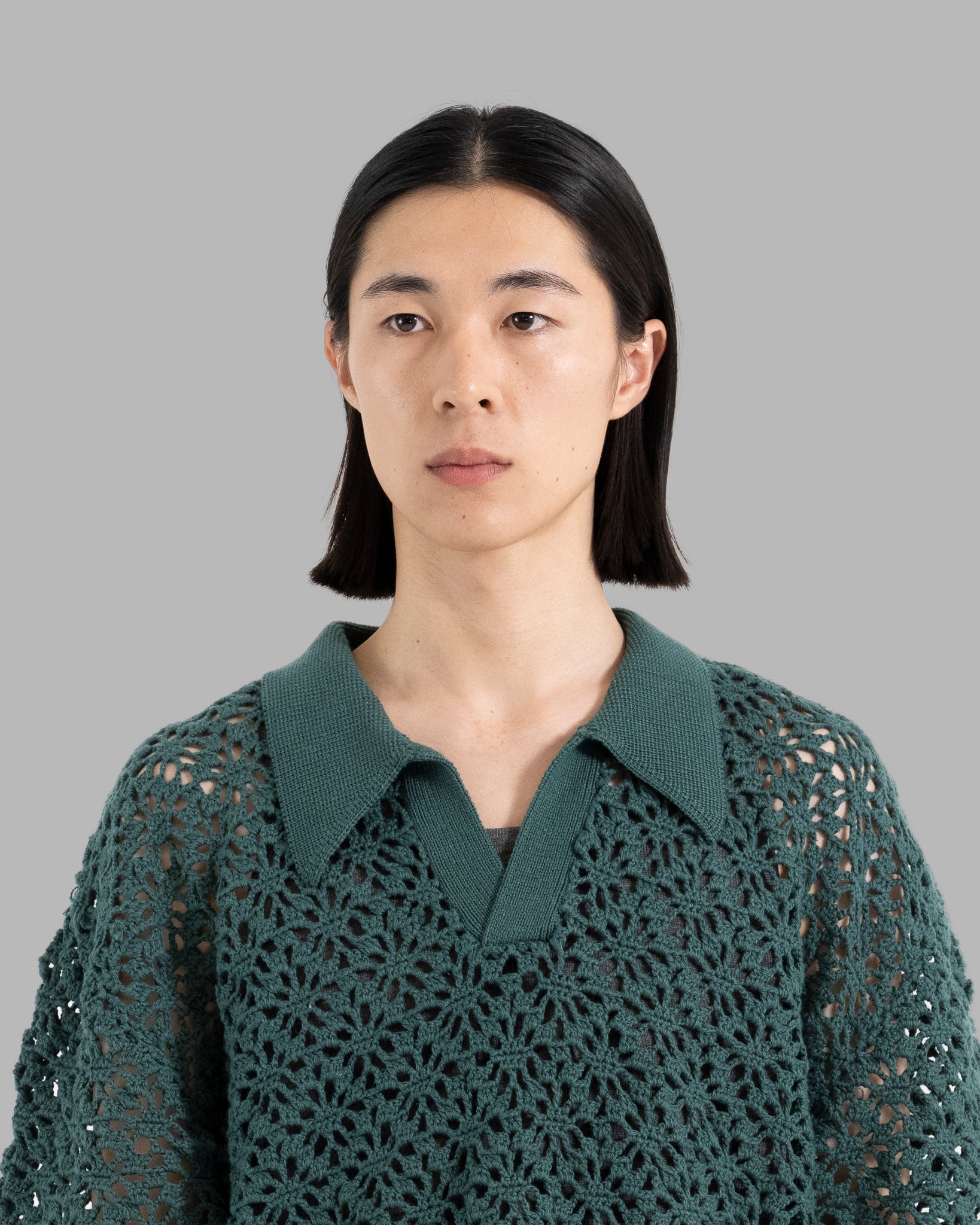 CROCHET HAND KNIT SKIPPER POLO (LOOSE FIT) -  GREEN