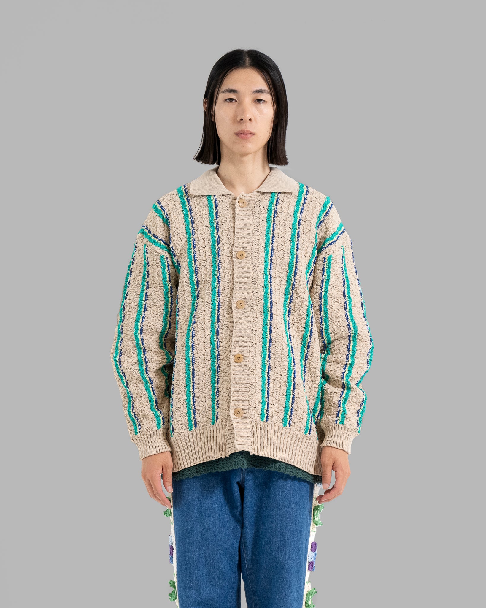 LOW GAUGE KNIT STRIPE SHIRTS CARDIGAN - BEIGE