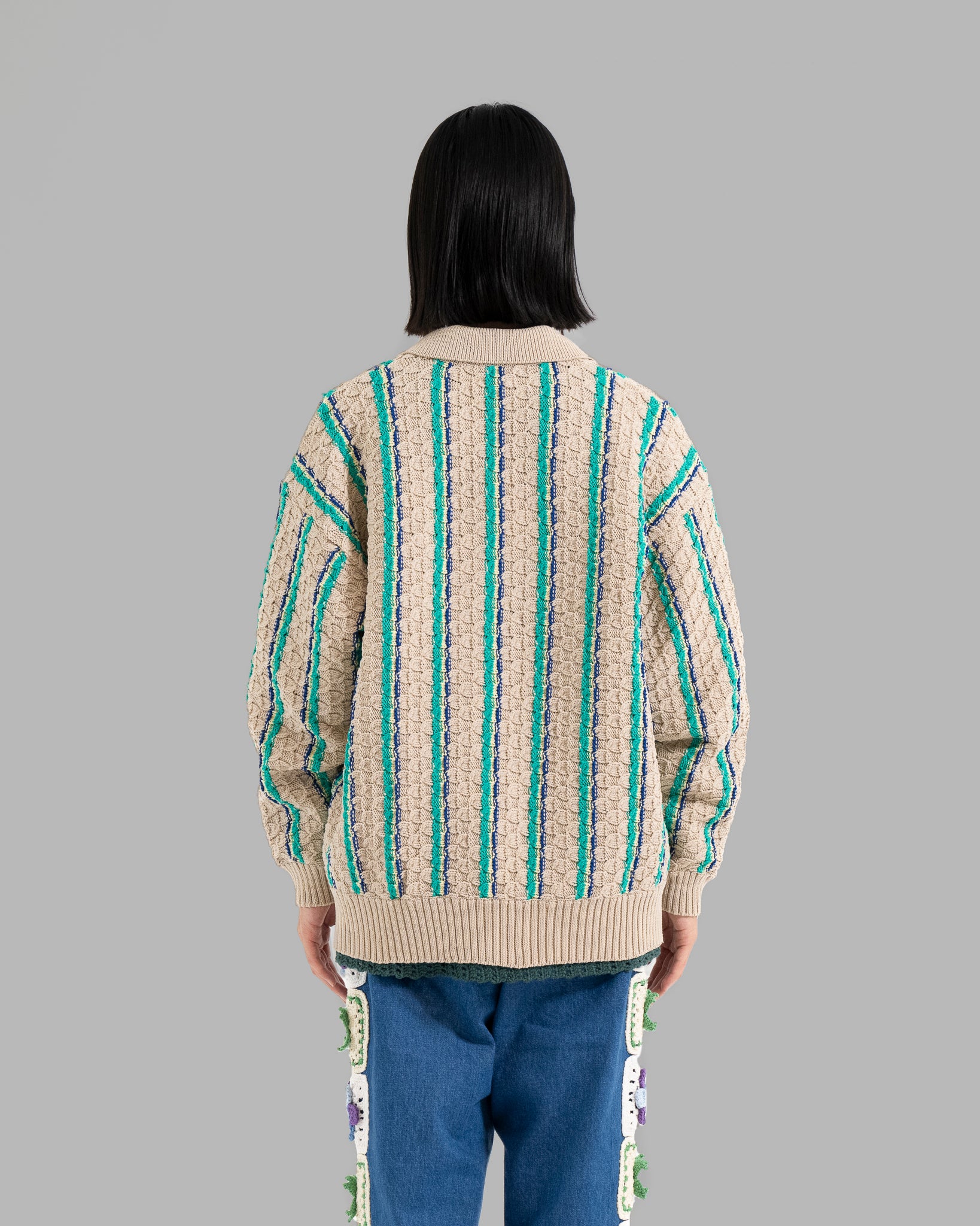 LOW GAUGE KNIT STRIPE SHIRTS CARDIGAN - BEIGE