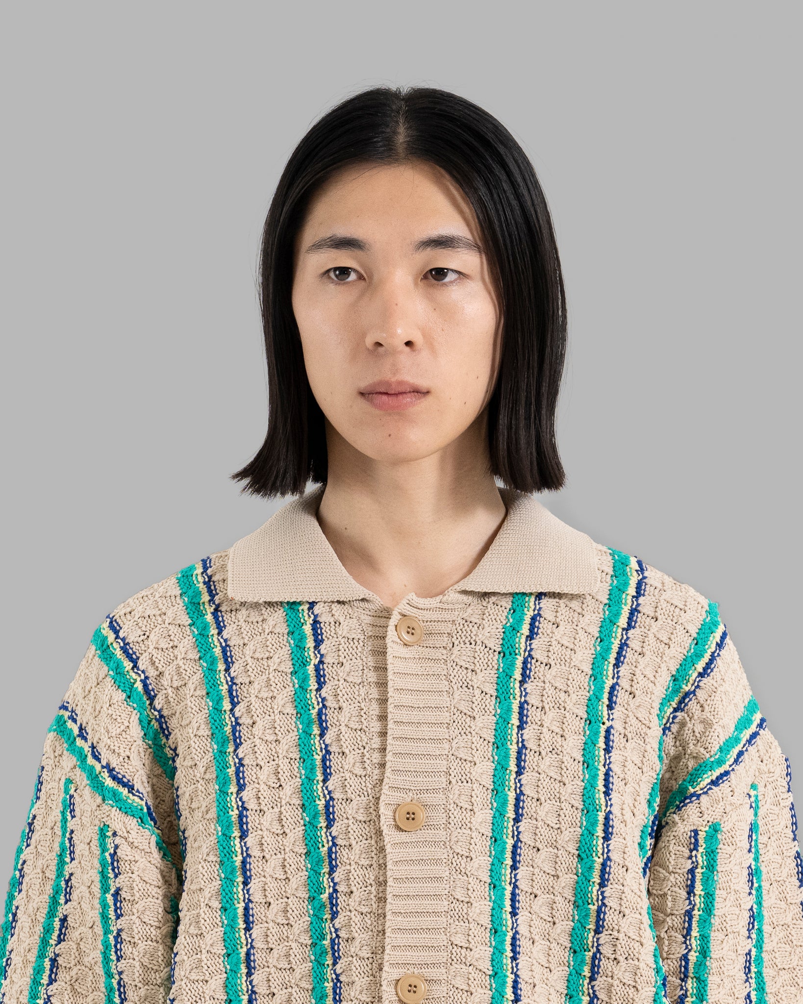 LOW GAUGE KNIT STRIPE SHIRTS CARDIGAN - BEIGE