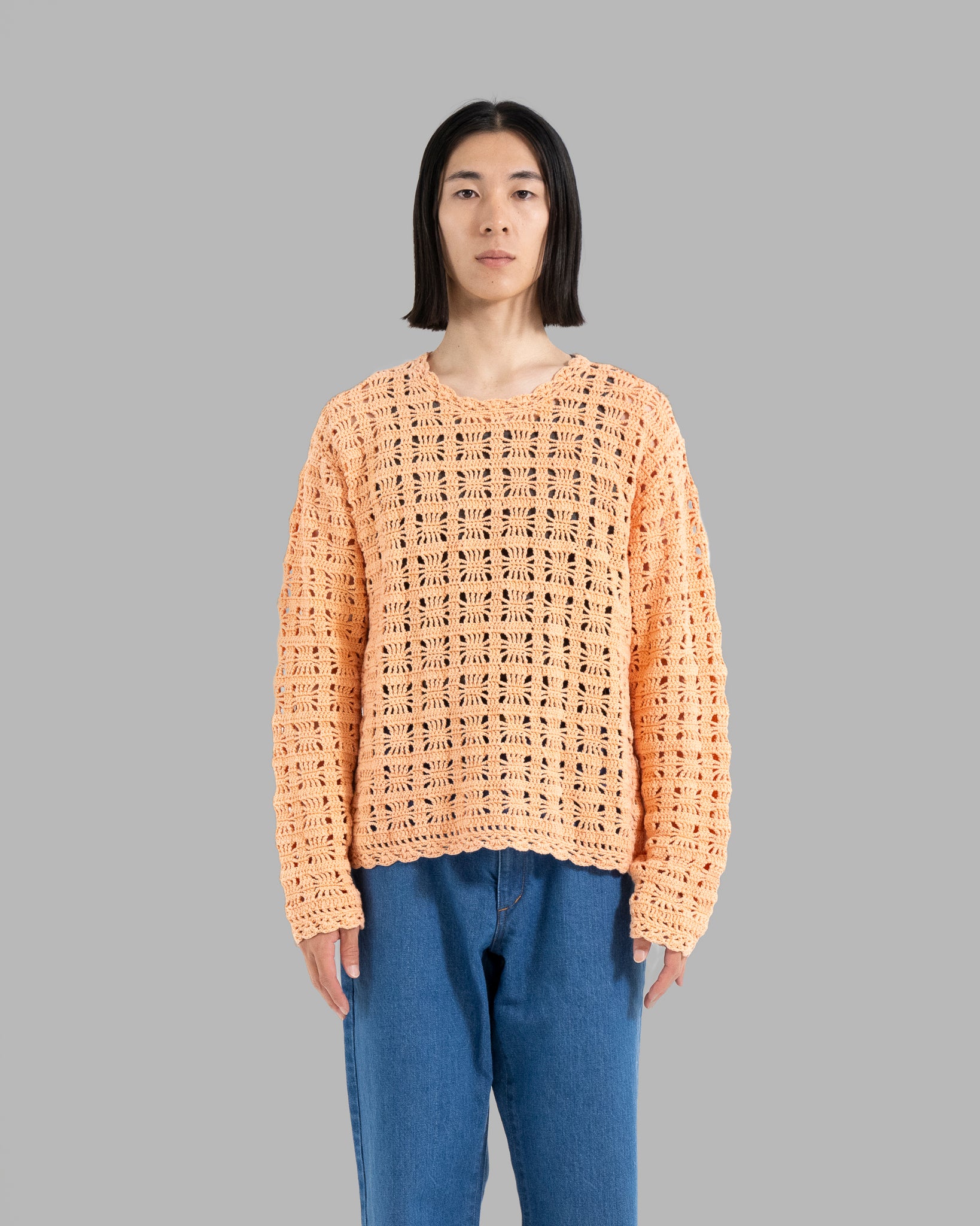 CROCHET HAND KNIT PULLOVER - PEACH STONE WASH