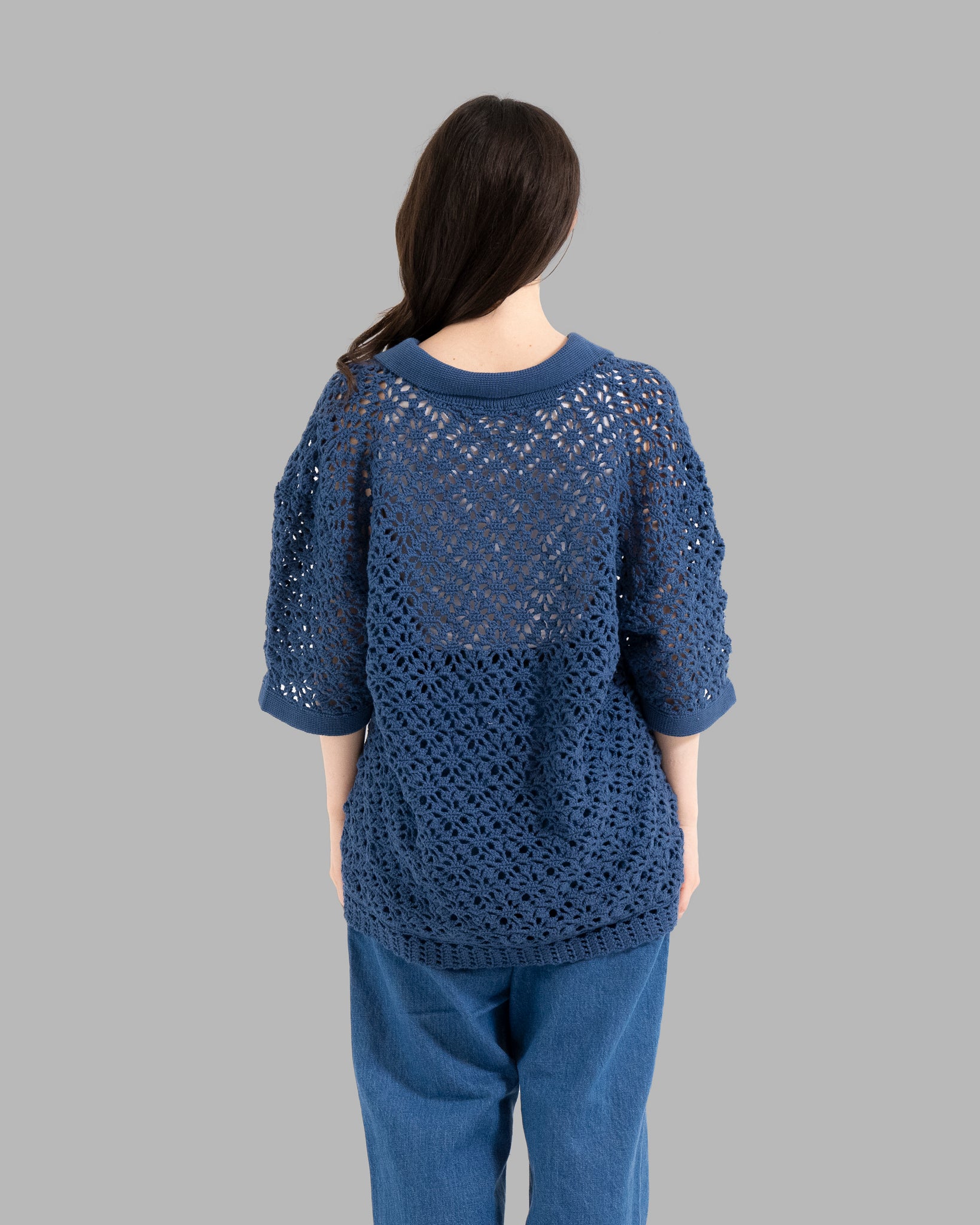 CROCHET HAND KNIT SKIPPER POLO (LOOSE FIT) -  DEEP BLUE