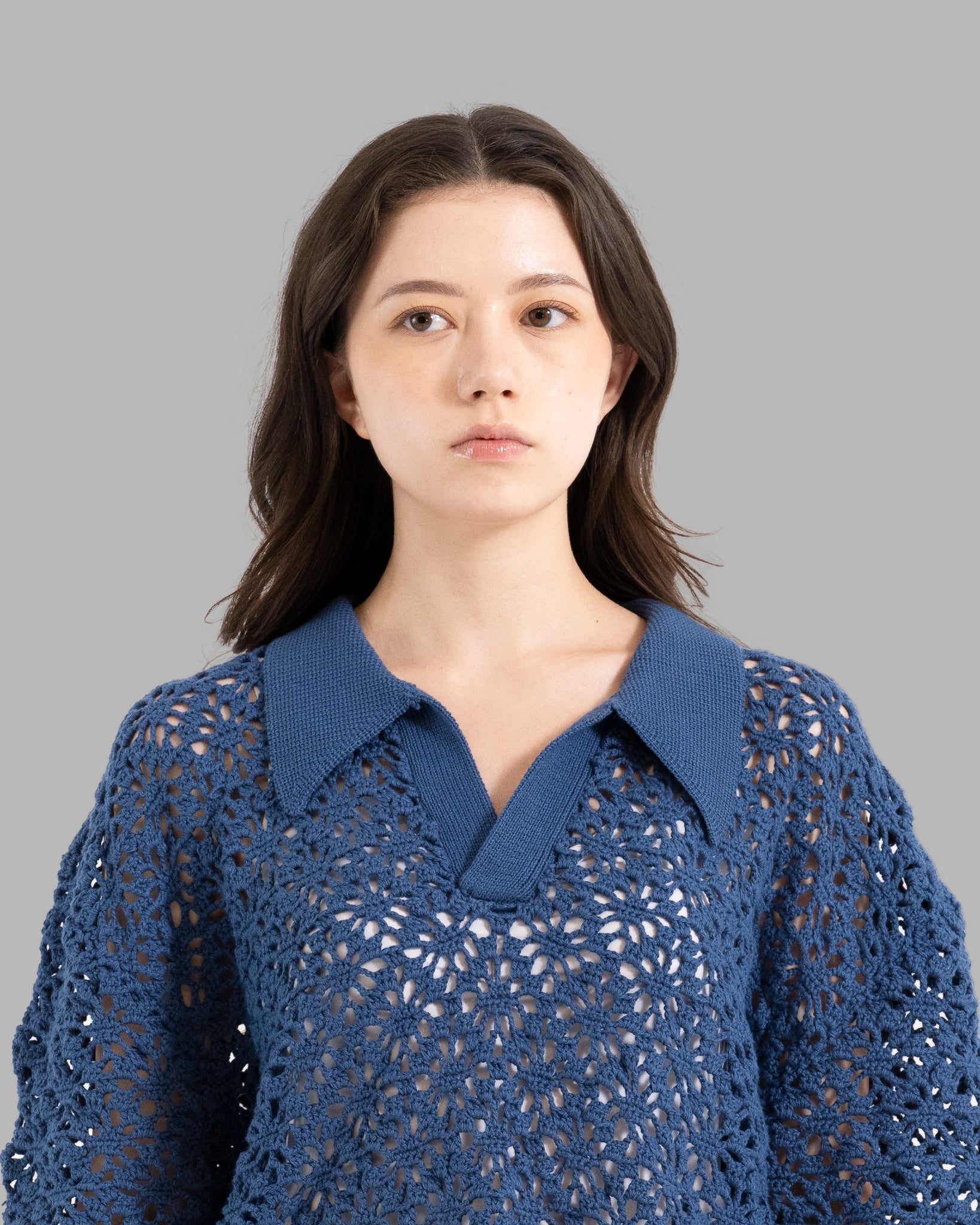 CROCHET HAND KNIT SKIPPER POLO (LOOSE FIT) -  DEEP BLUE