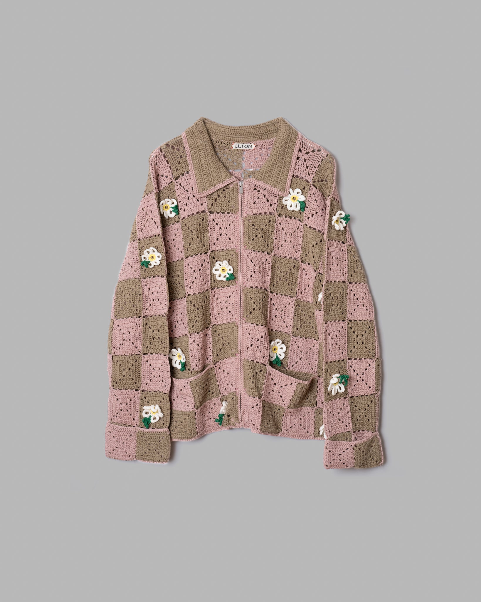 Chaqueta de punto de punto de mana de la flor de crochet -pink / beige