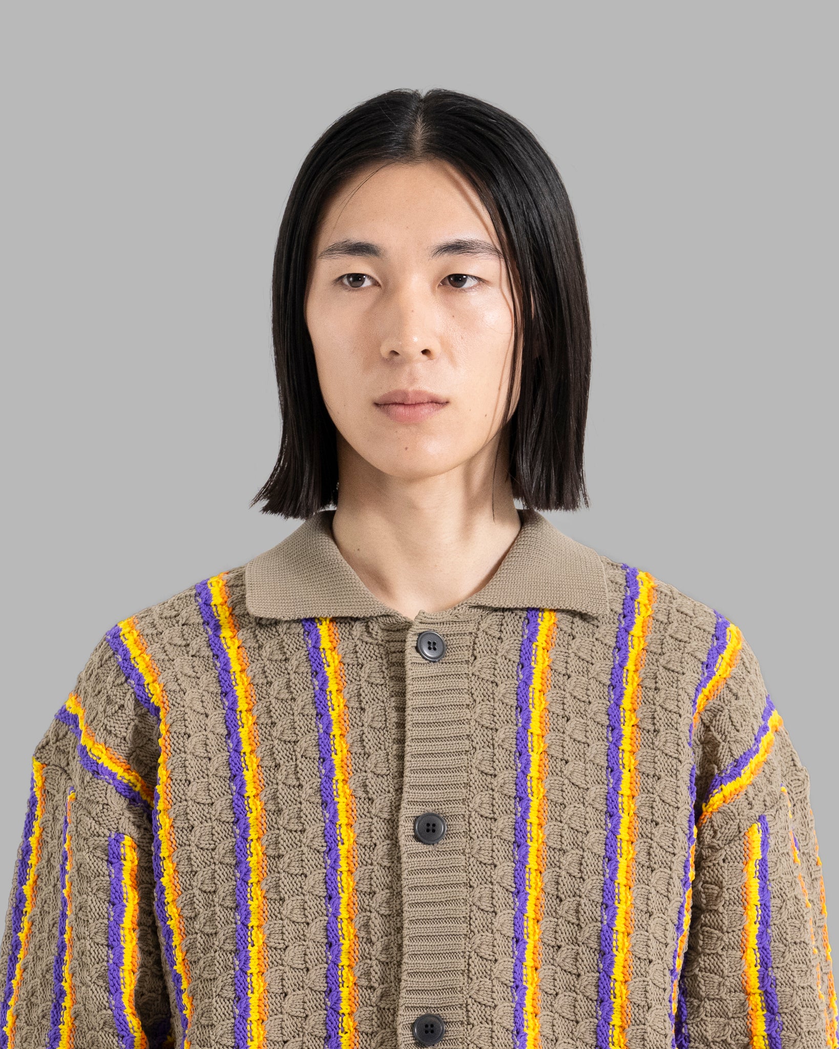Low Gauge Knit Stripe Shirts Cardigan -Charcoal