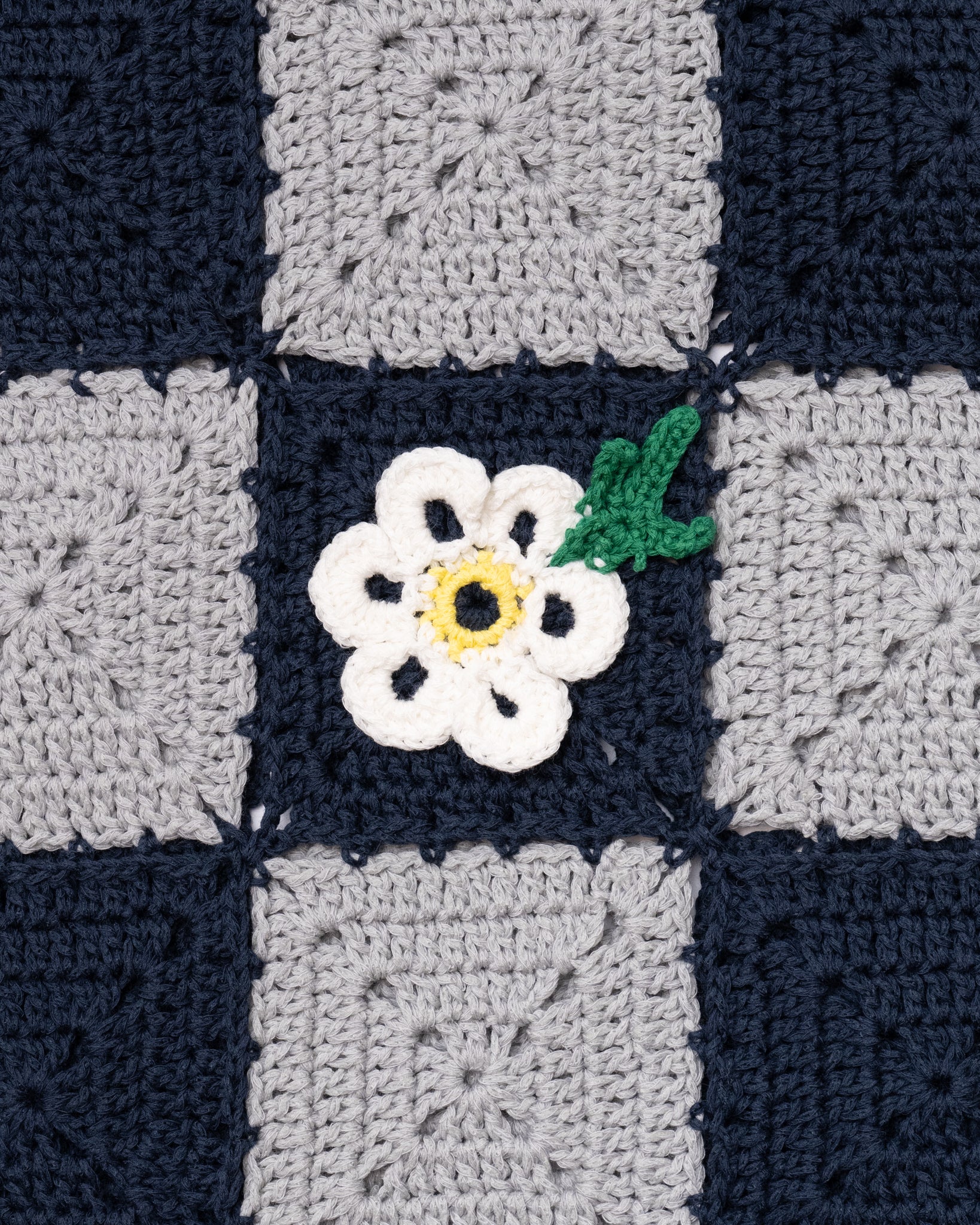 CROCHET FLOWER MOTIF HAND KNIT STOLE - NAVY / GREY