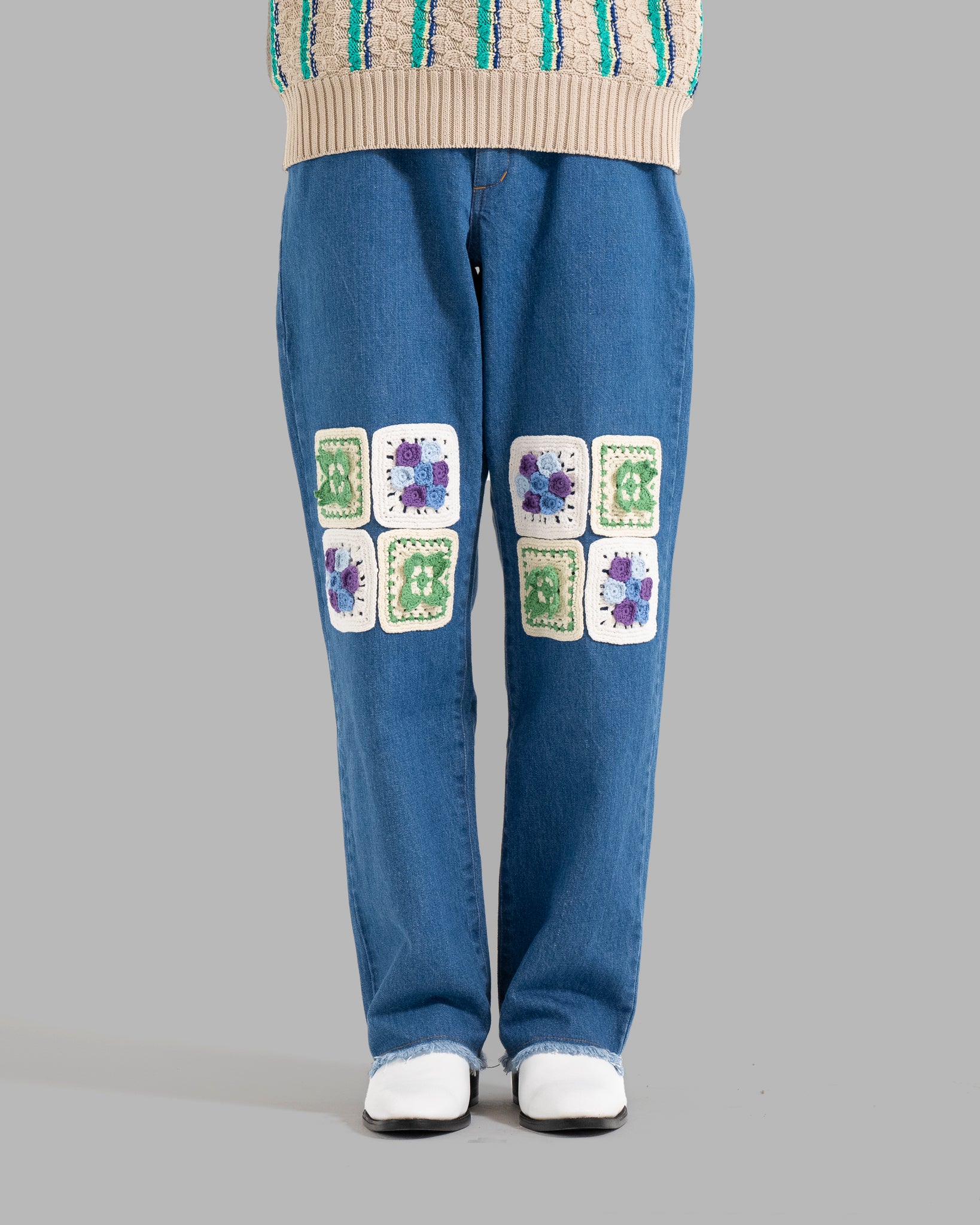 Rodillas Crochet Flower Motif Jeans anchos - Indigo