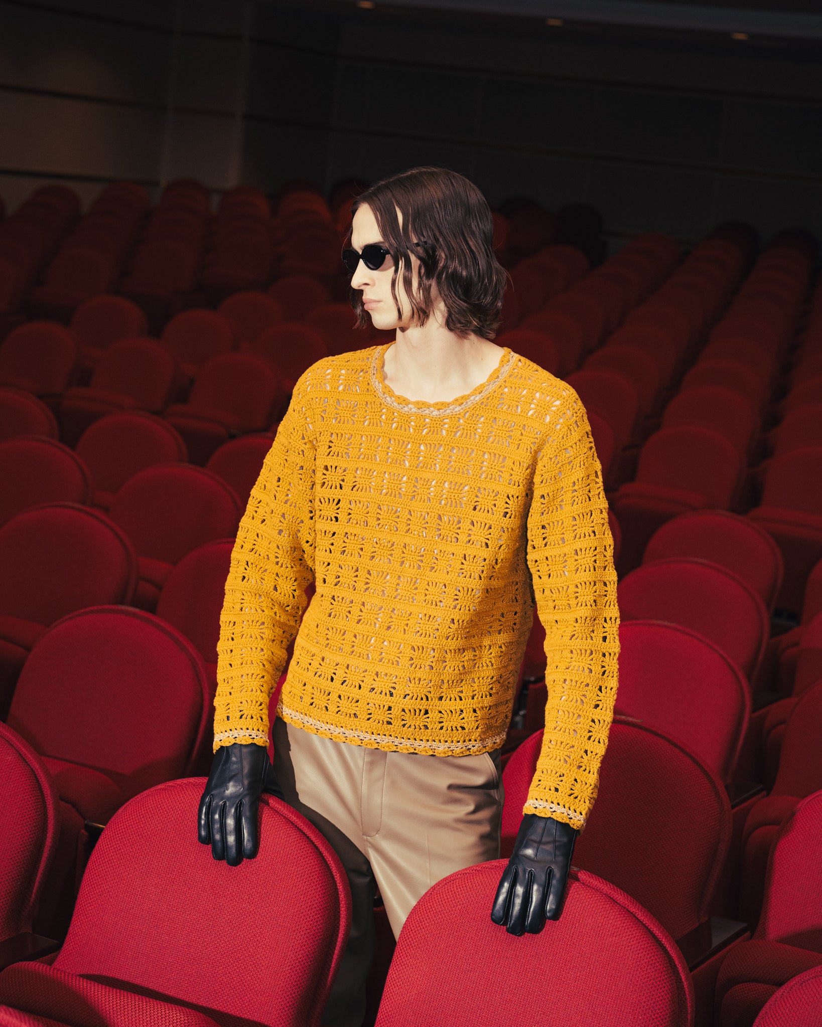 CROCHET HAND KNIT PULLOVER - MUSTARD