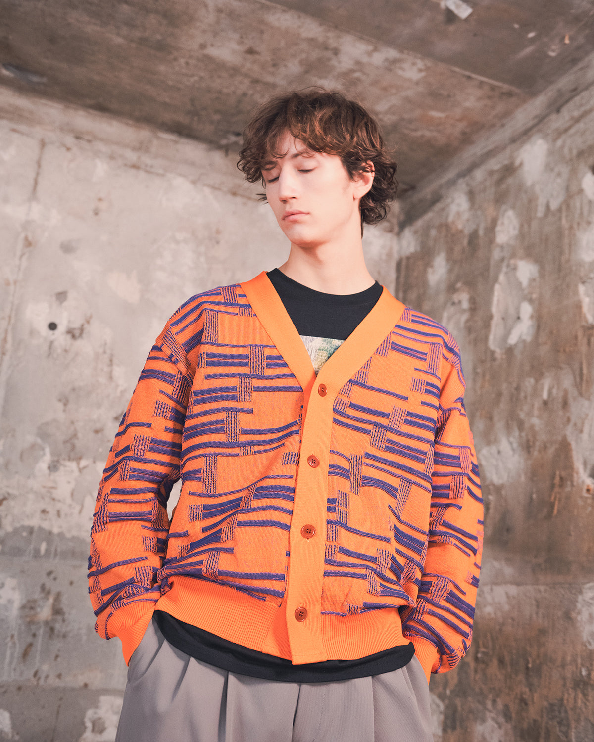 DEFORMATION BORDER KNIT CARDIGAN - ORANGE/BLUE